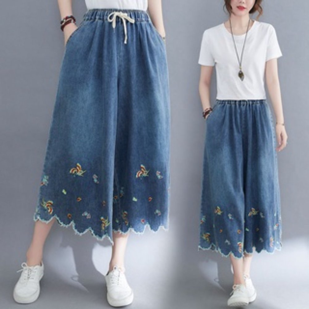 ONE SIZE Jeans Denim Pants Trousers Bottoms Lace Embroidery Flare Bell Wide Leg - Picture 8 of 9